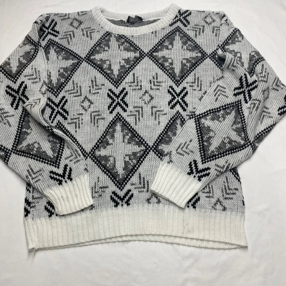 Vintage New Era Sweaters Geometric Argyle Knit Crewneck Metallic Silver Medium
